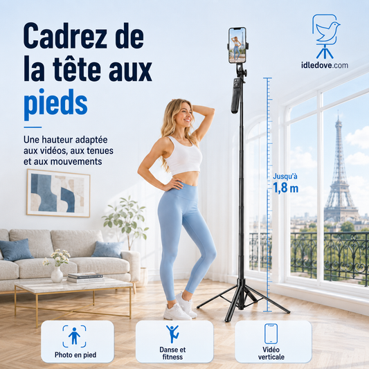 🔥Perche selfie 4 pieds ultra stable｜Hauteur réglable jusqu’à 180 cm pour des prises de vue sans tremblement