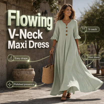 👗 50% DE RÉDUCTION ✨ Robe longue ample col V – Fluide, drapé doux & polyvalente – Parfaite du jour au dîner – élégante et confortable 🌙🌸🌿