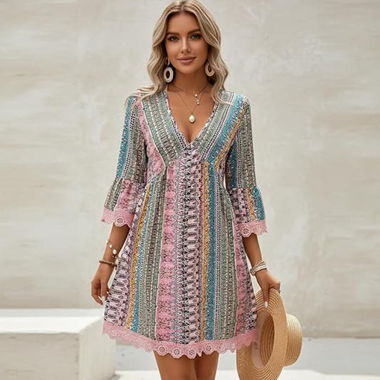 Mini-robe femme à col en V et imprimé bohème