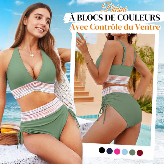 🔥Achetez-en 2, la livraison est offerte💃Ensemble de bikini à taille haute et effet amincissant, avec motif color block
